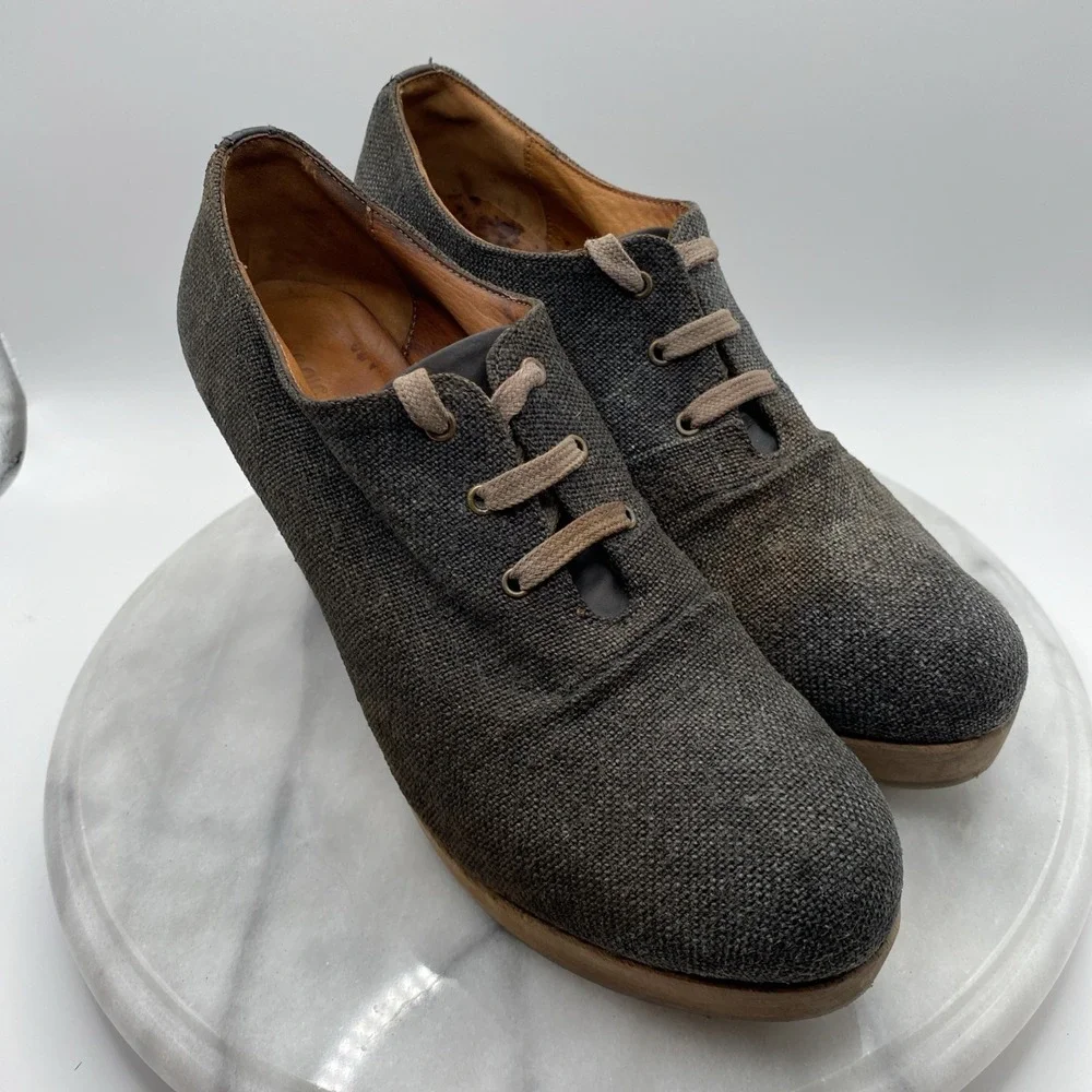 Coclico Womens Oxford Heels Gray Brown Textured Fabric Wood Platform Clogs Spain